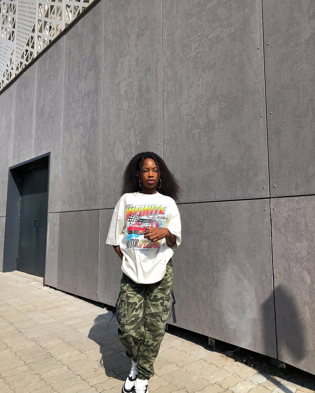 Oversized Graphic Tee With Camo Cargo Pants