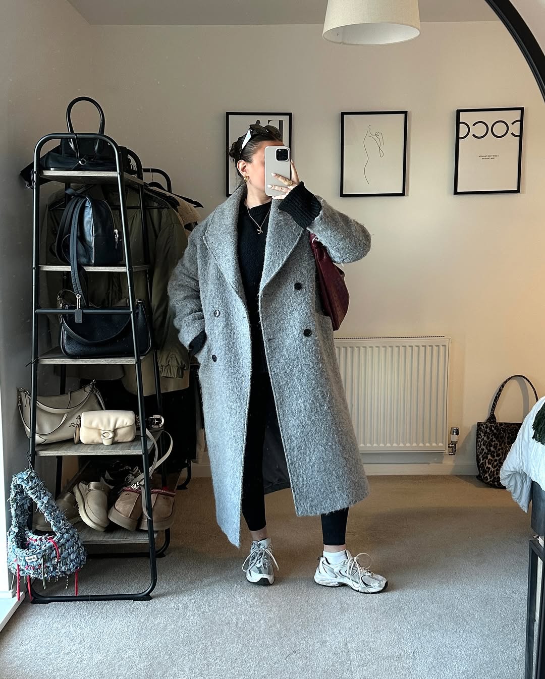 Oversized Grey Coat With Black Leggings Outfit