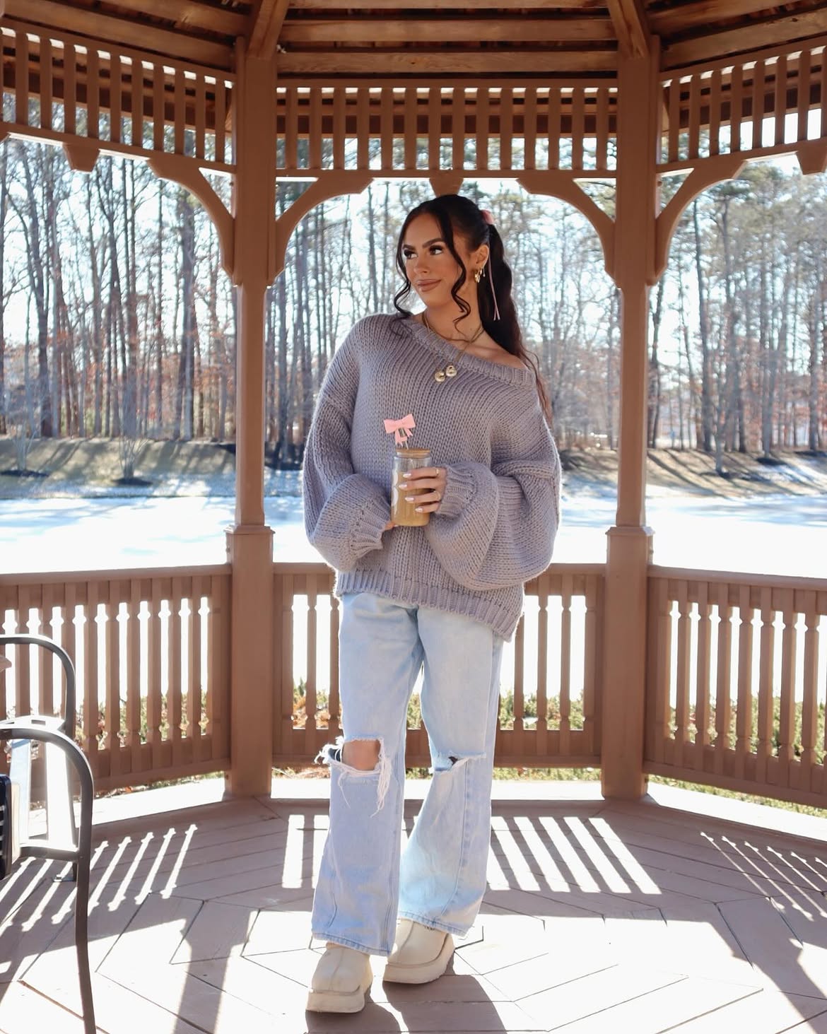 Oversized Lavender Knit With Distressed Wide Leg Jeans