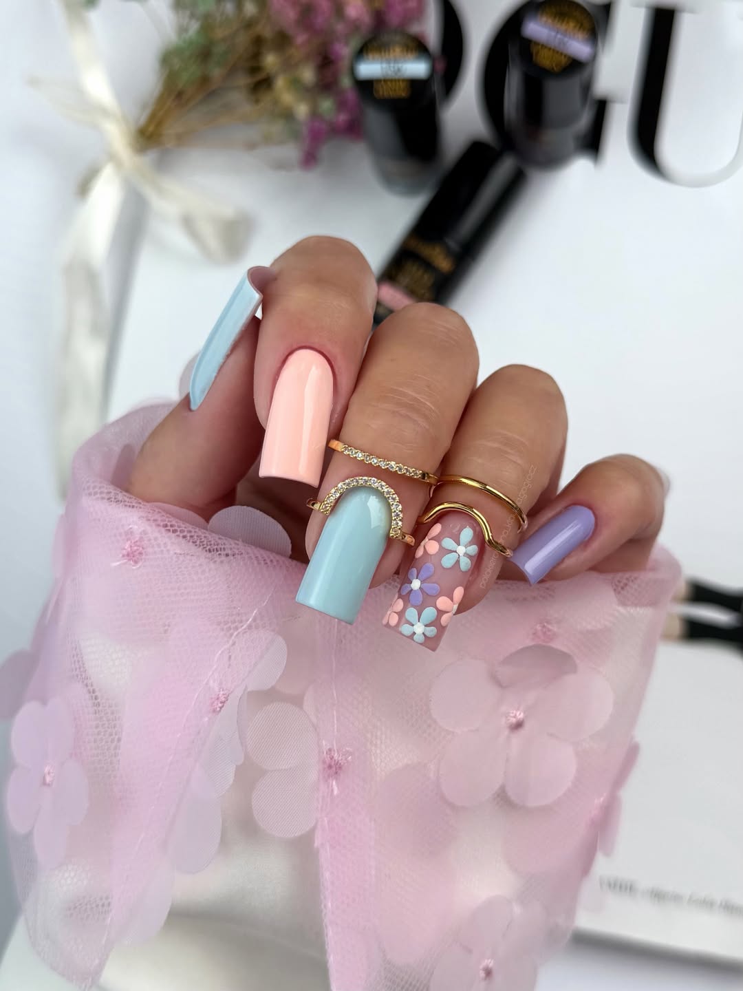 Pastel Mismatched Square Nails with Floral Accents
