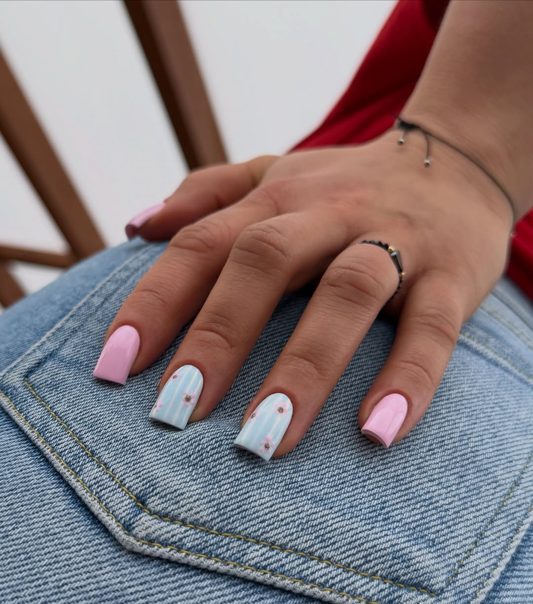 Pastel Pink and Blue Floral Stripe Nails