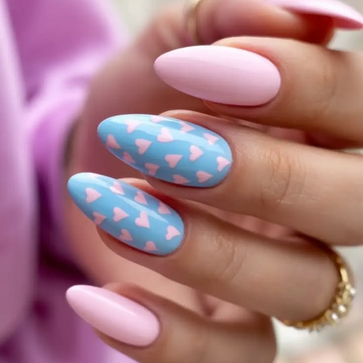 Pastel Pink and Blue Heart Nail Art