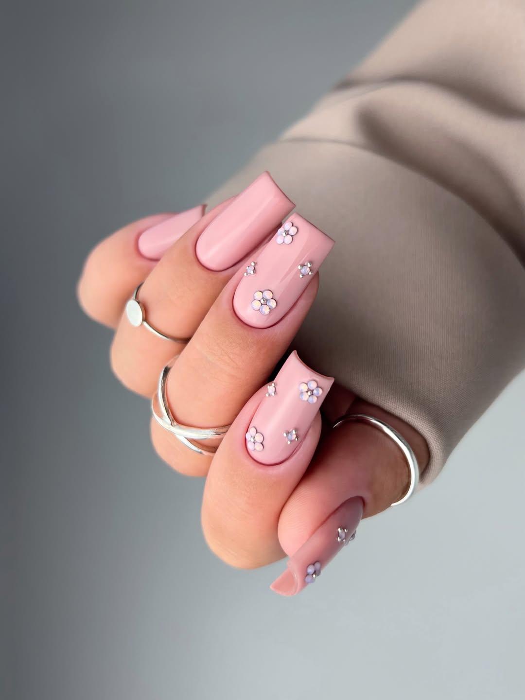 Pastel Pink Flower Blossom Long Square Nails