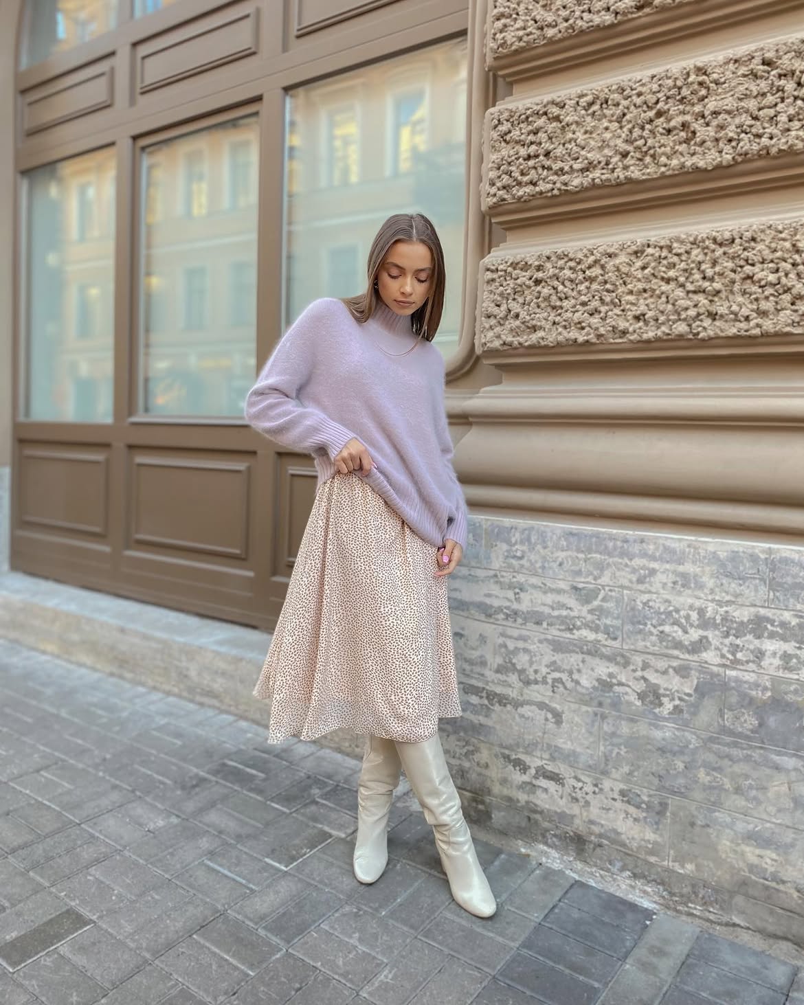 Pastel Sweater And Printed Midi Skirt Fall Outfit