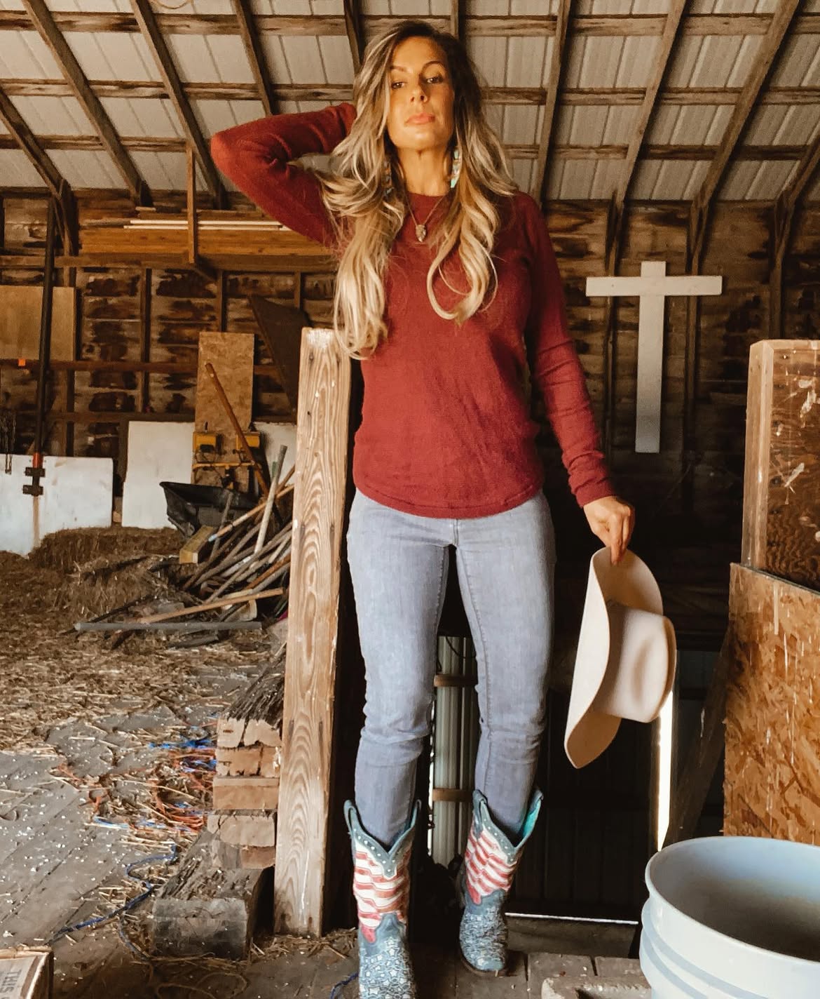 Patriotic Western Boots And Red Long Sleeve Top
