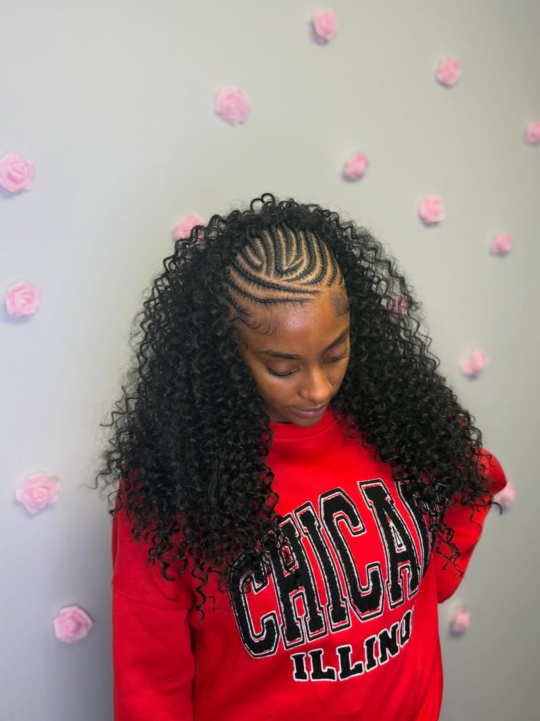 Patterned Cornrows With Deep Curly Weave