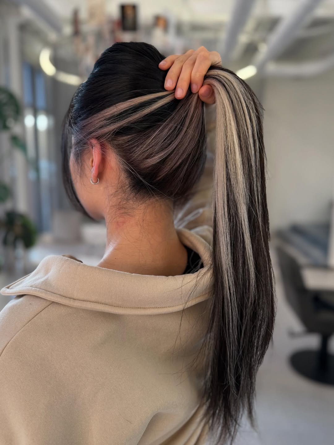 Peekaboo Platinum Streaks In Dark Ponytail