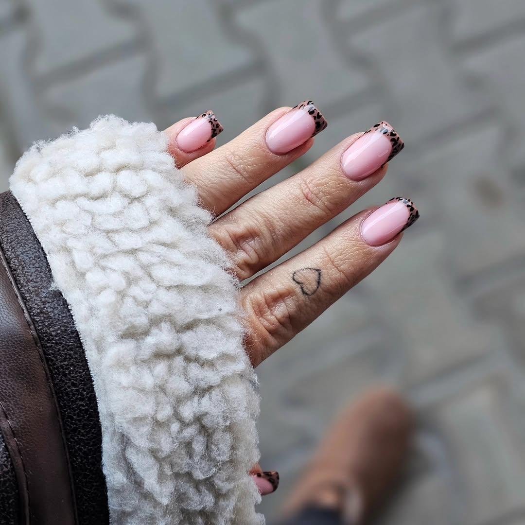 Pink Base Leopard Print French Tip Square Nails