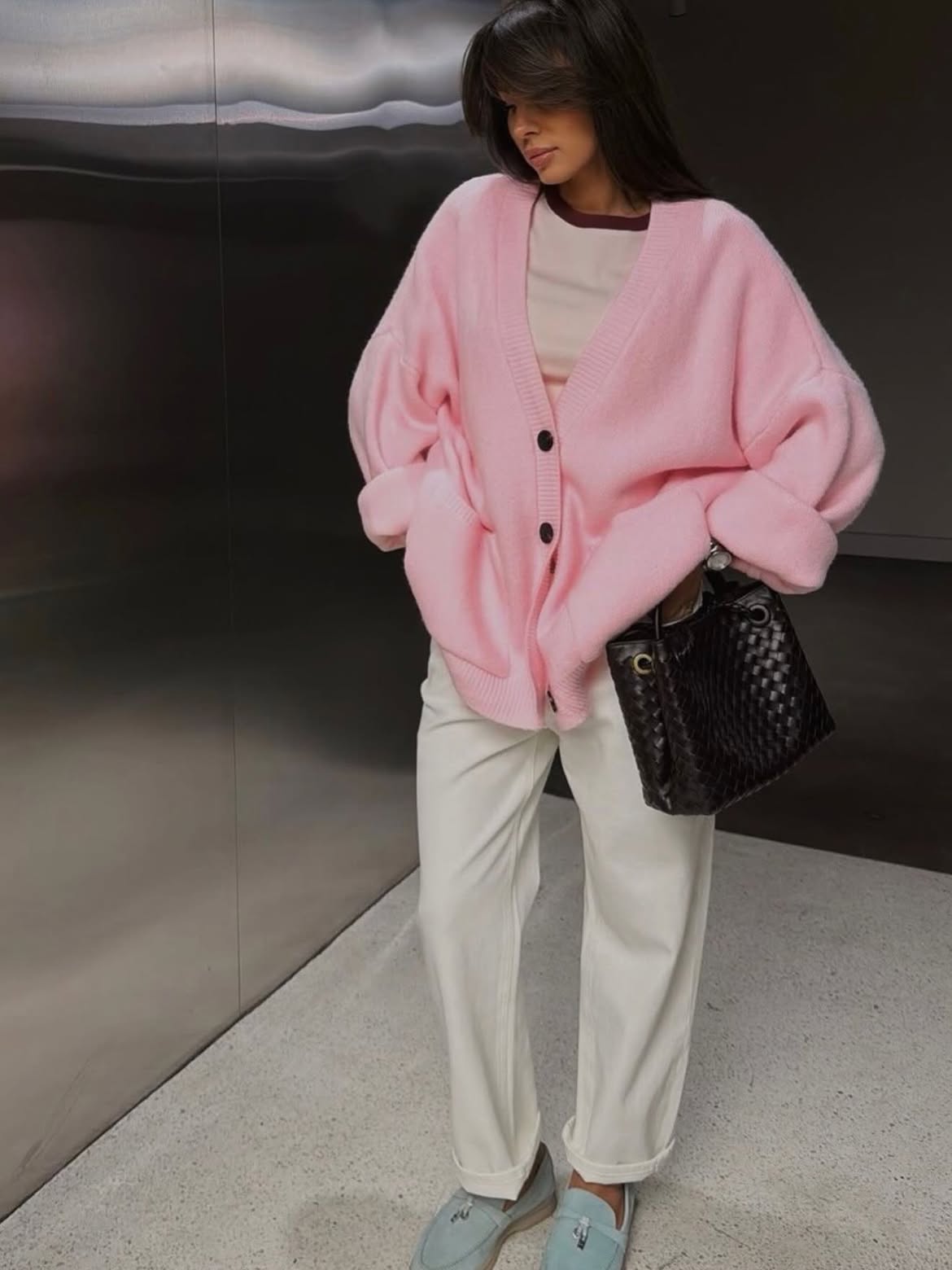 Pink Cozy Cardigan With White Denim Outfit