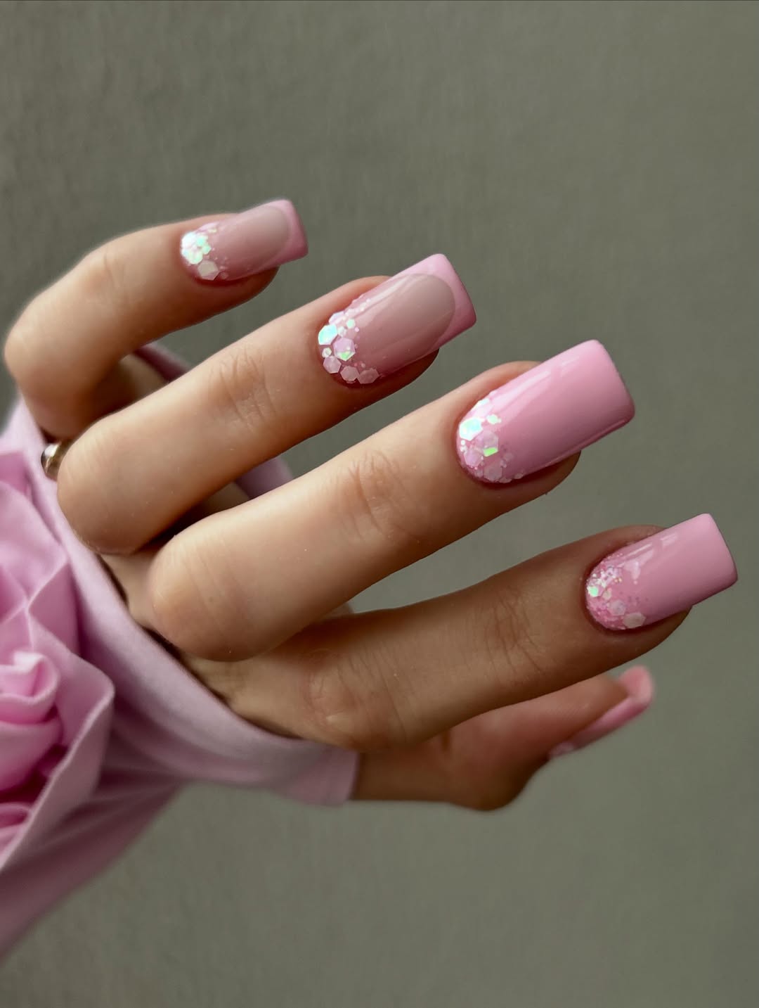 Pink French Tip Glitter Square Nails