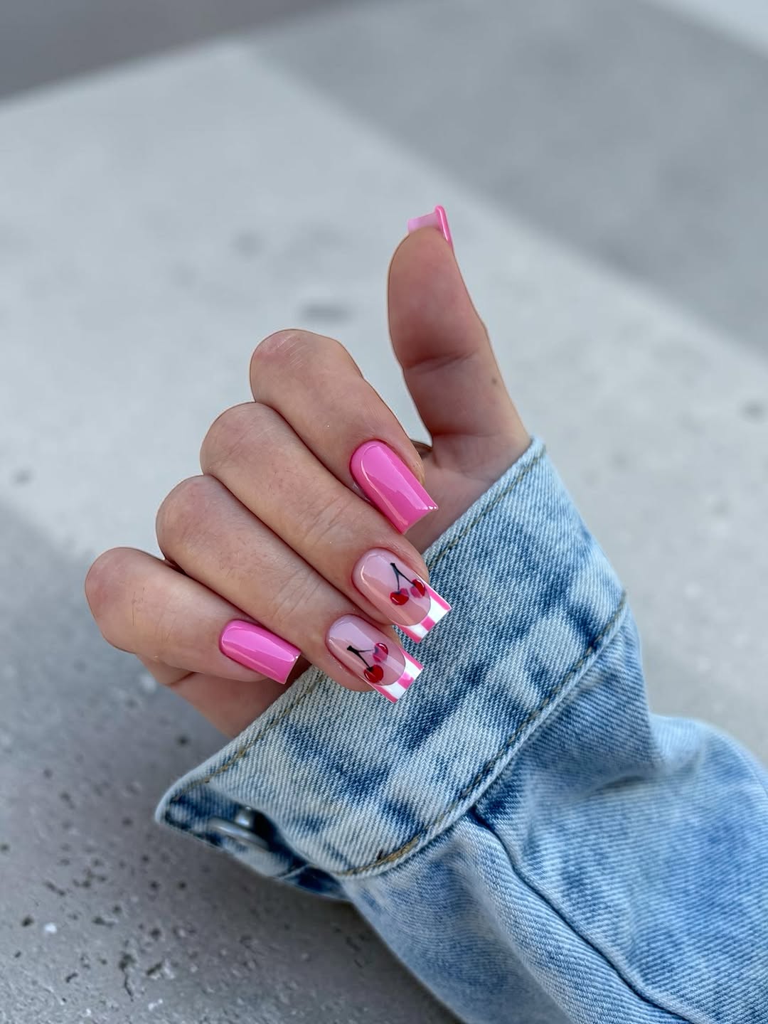 Pink French Tip Nails With Cherry Art