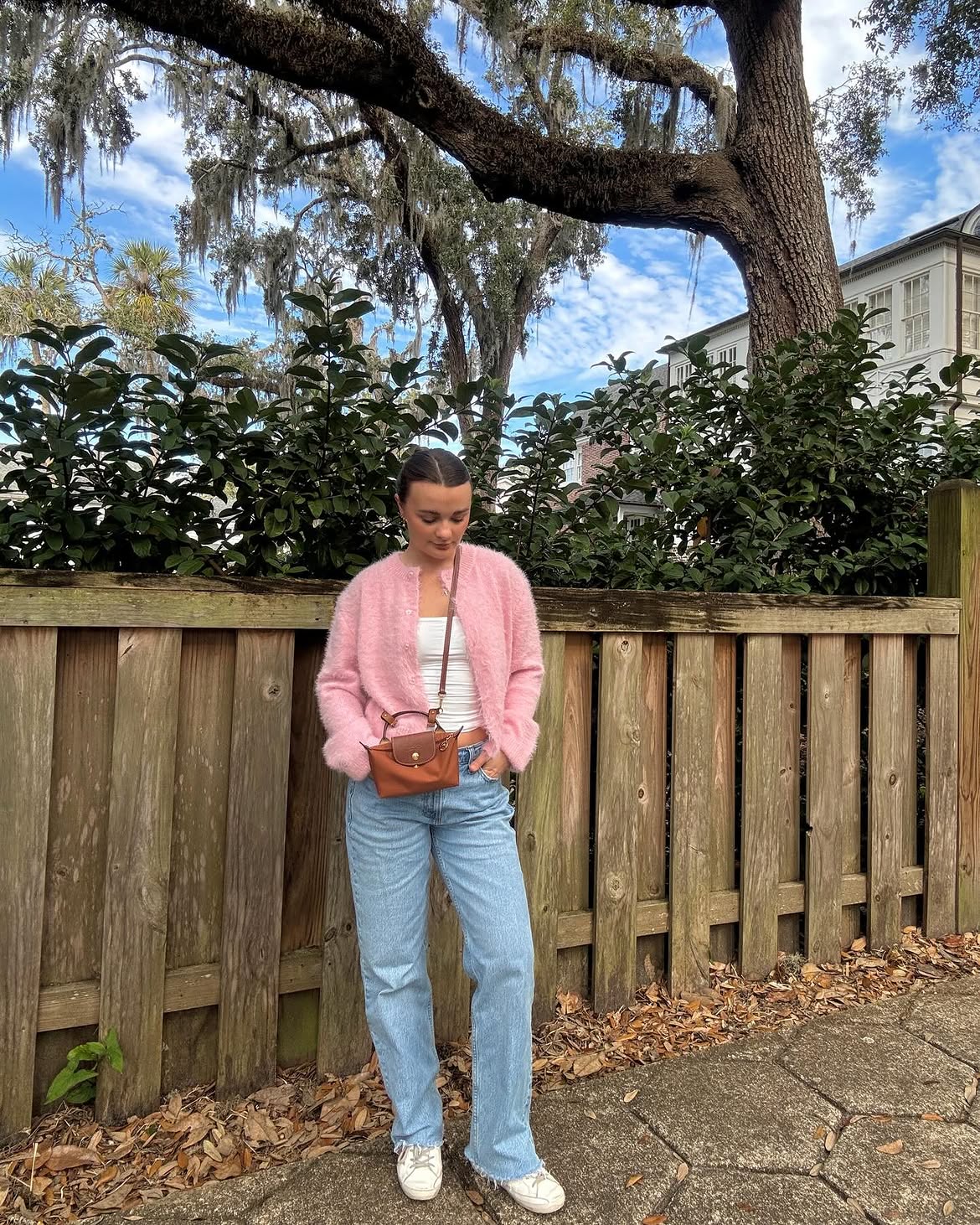 Pink Fuzzy Cardigan And Light Wash Denim Casual Look