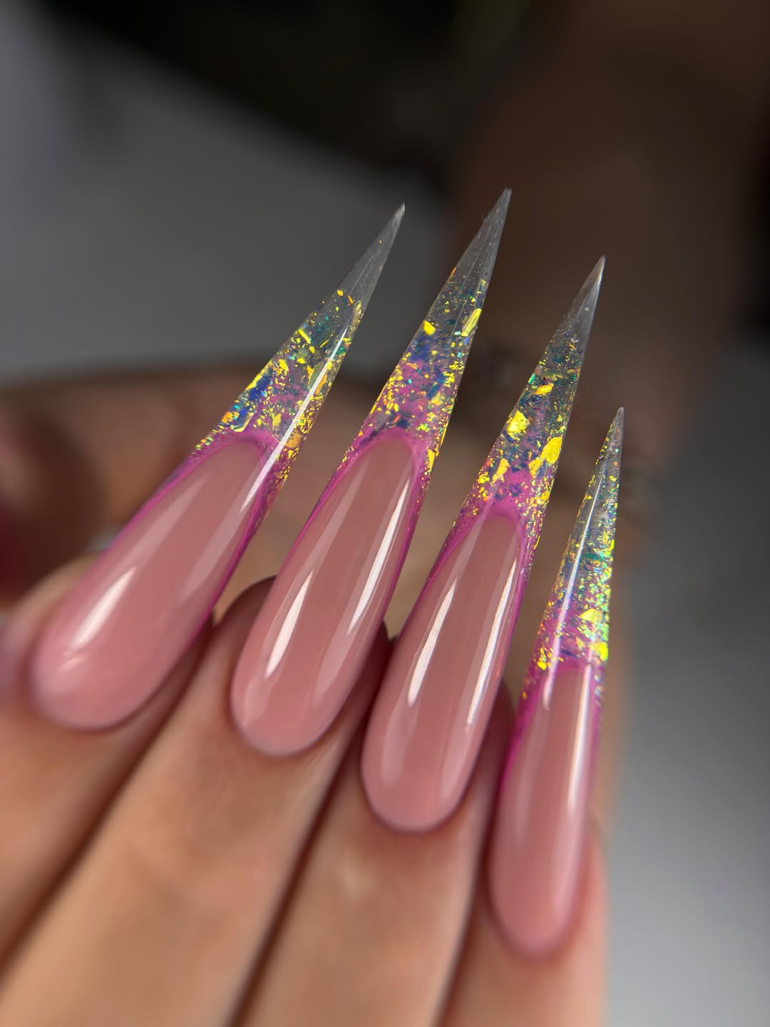 Pink Glitter Stiletto French Illusion Nails