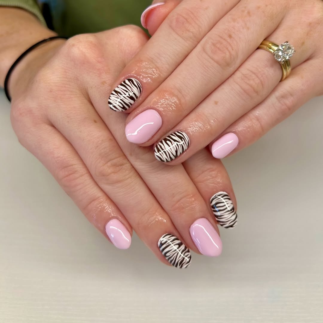 Pink Glossy Zebra Print Oval Nails