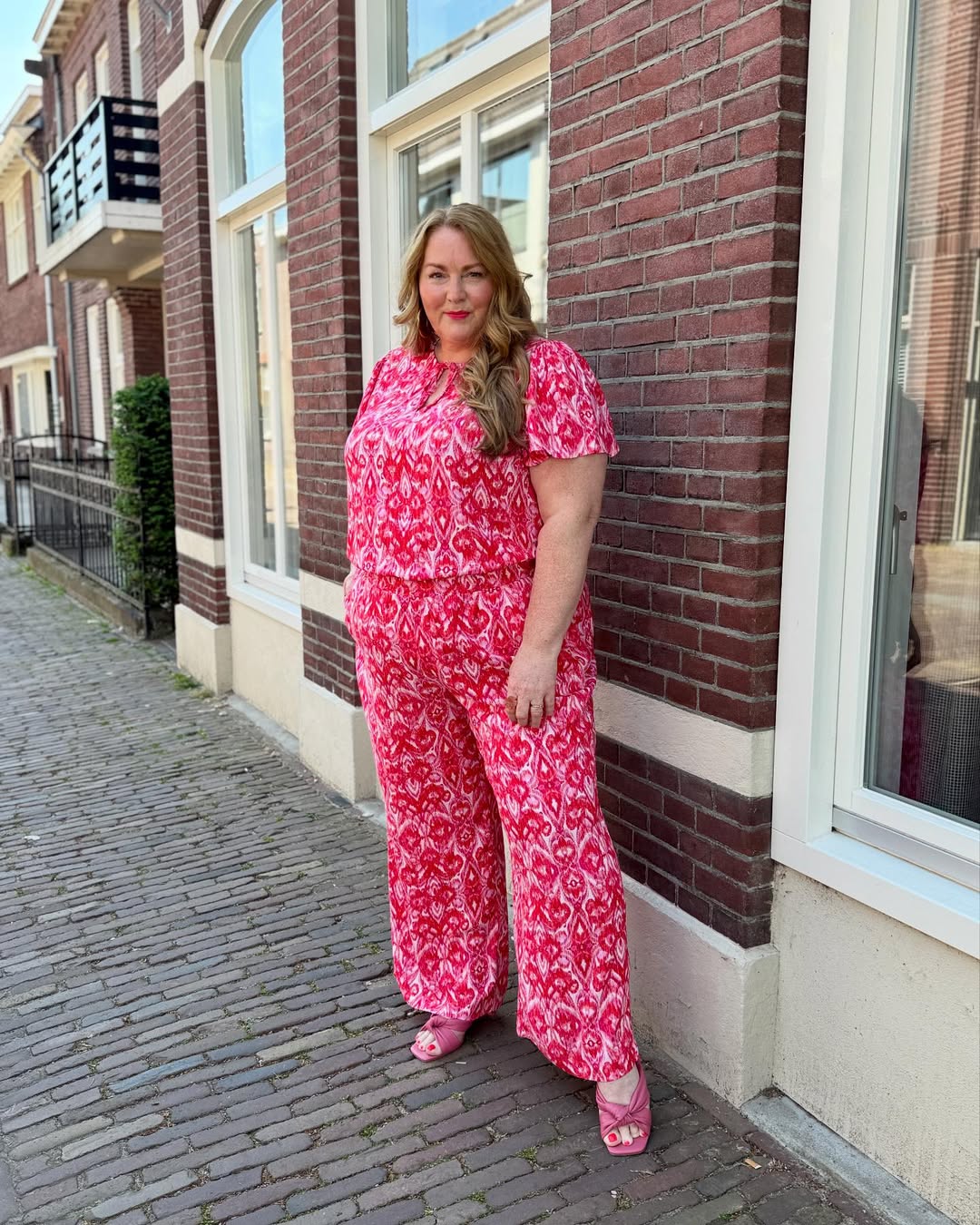 Pink Ikat Print Wide Leg Jumpsuit With Strappy Heels