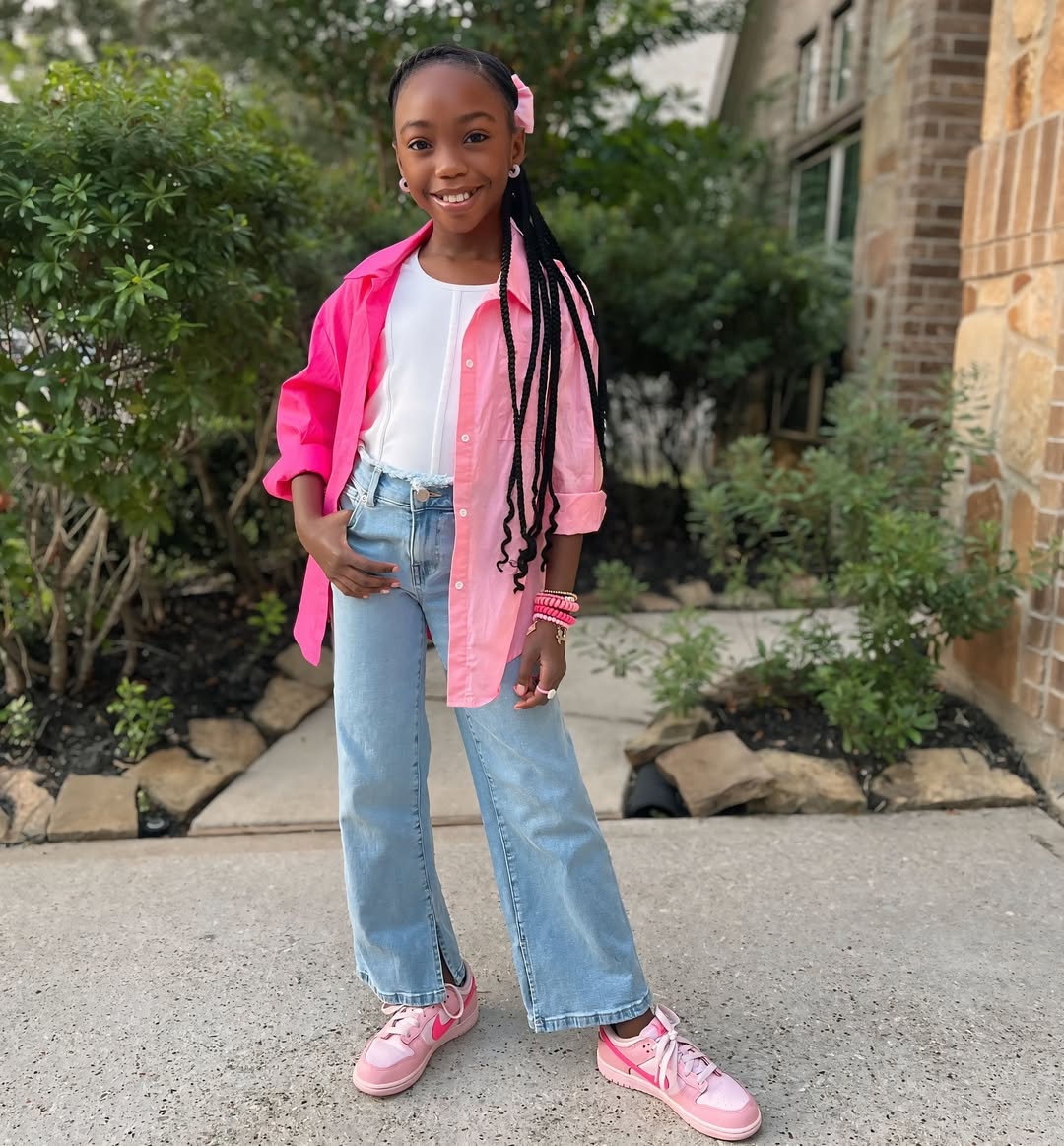 Pink Oversized Shirt And Wide Leg Jeans For School