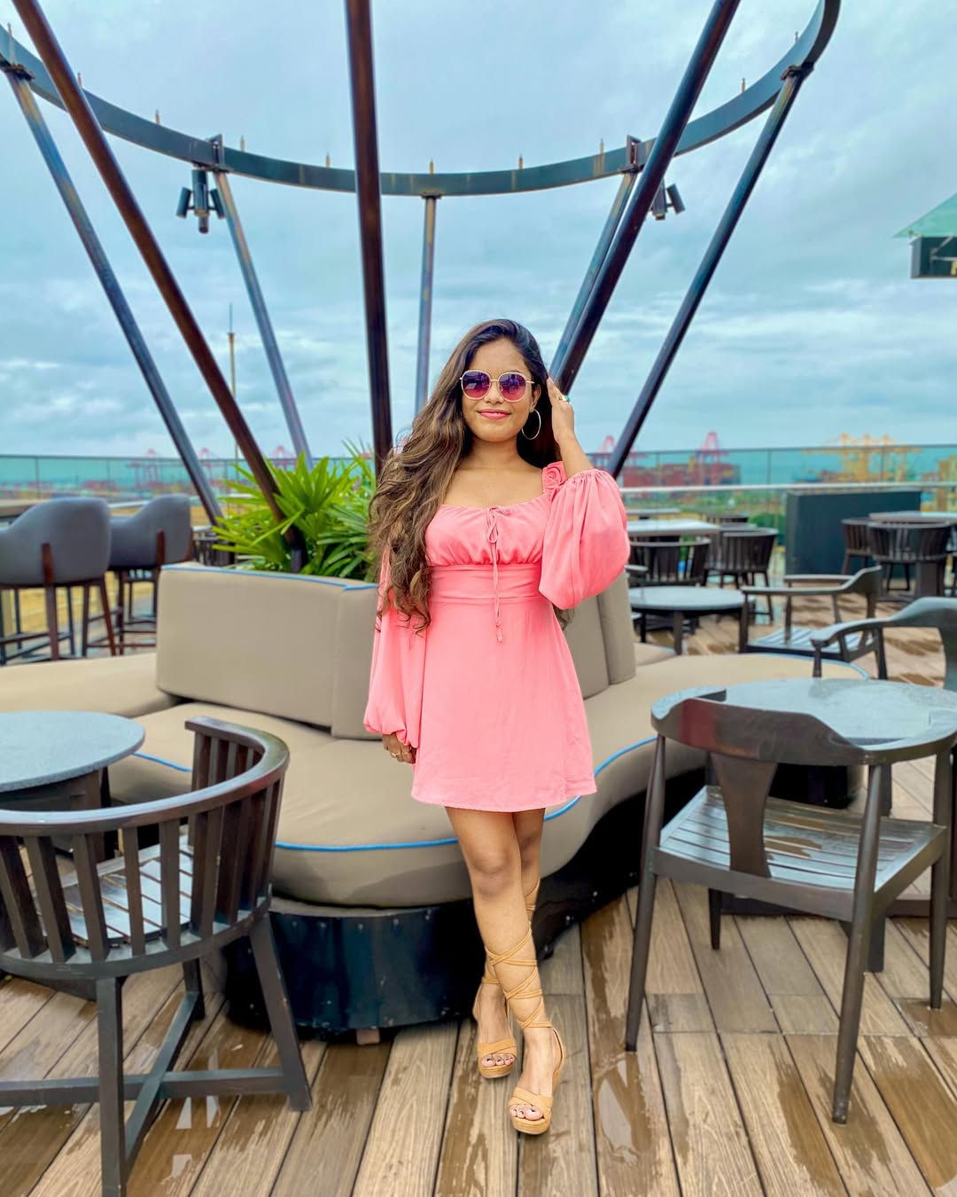Pink Puff Sleeve Mini Dress With Lace-Up Heels