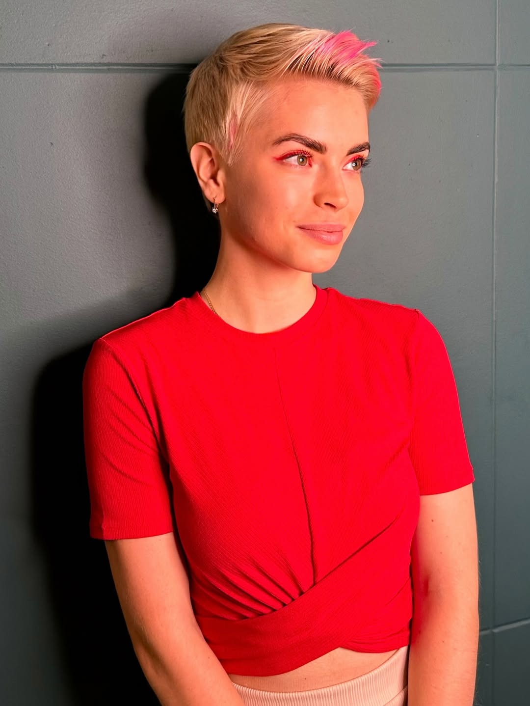Pink Streaked Platinum Pixie With Textured Top