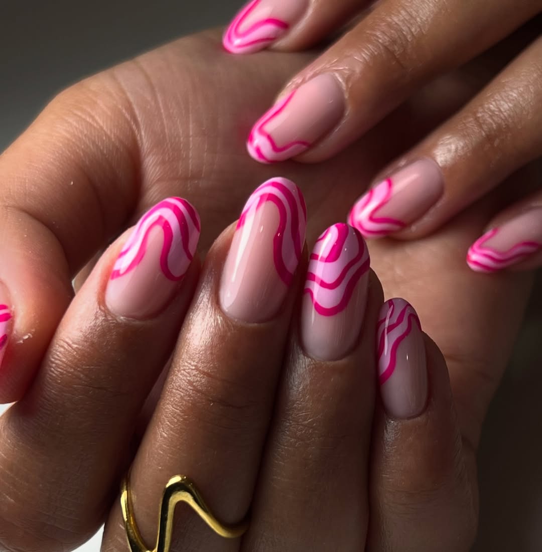 Pink Swirl Glossy Oval Nails