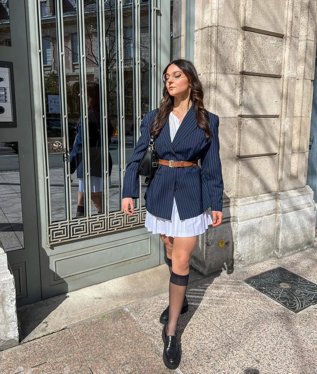 Pinstripe Blazer with Pleated Skirt Preppy Chic