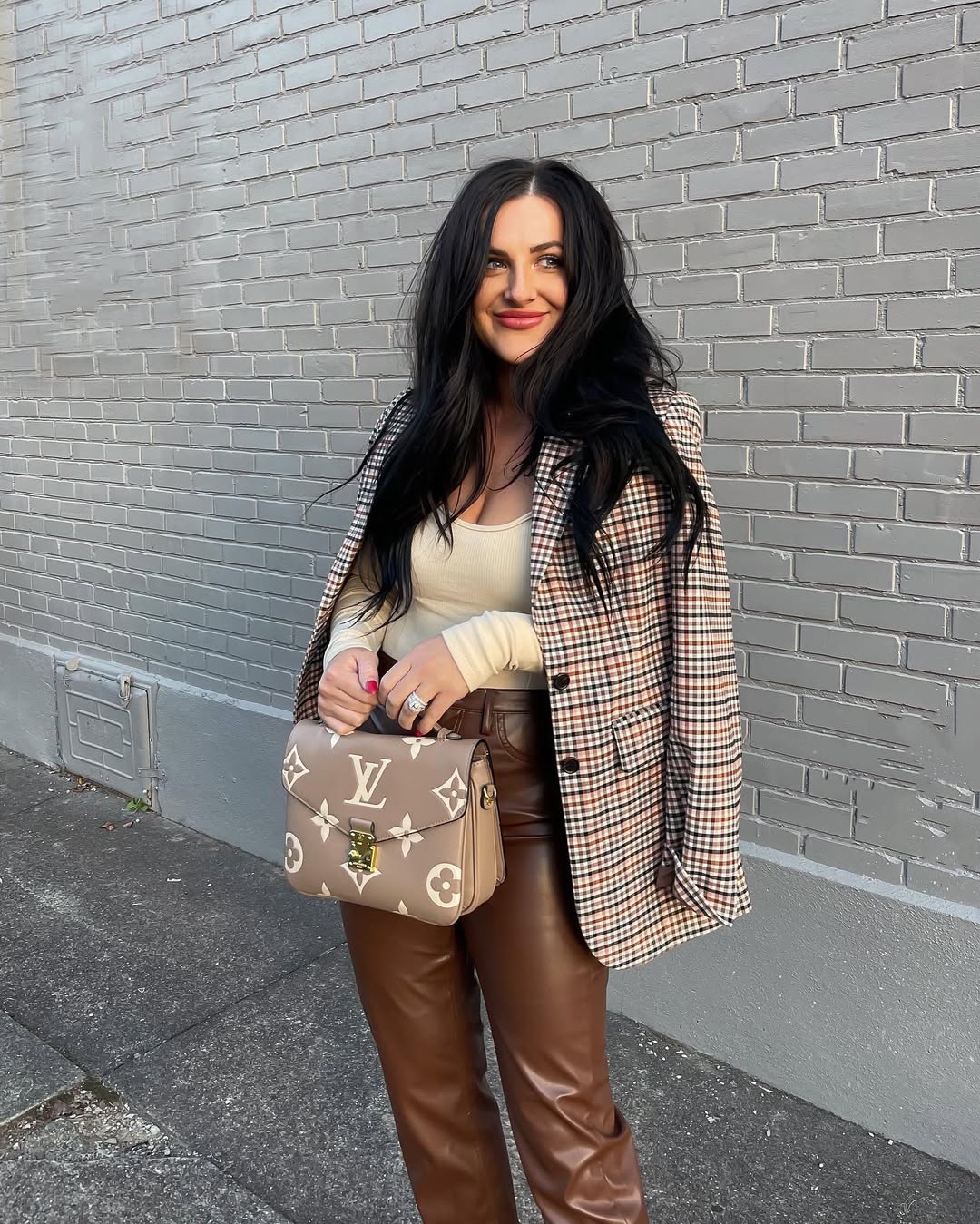 Plaid Blazer and Leather Pants Date Night Outfit
