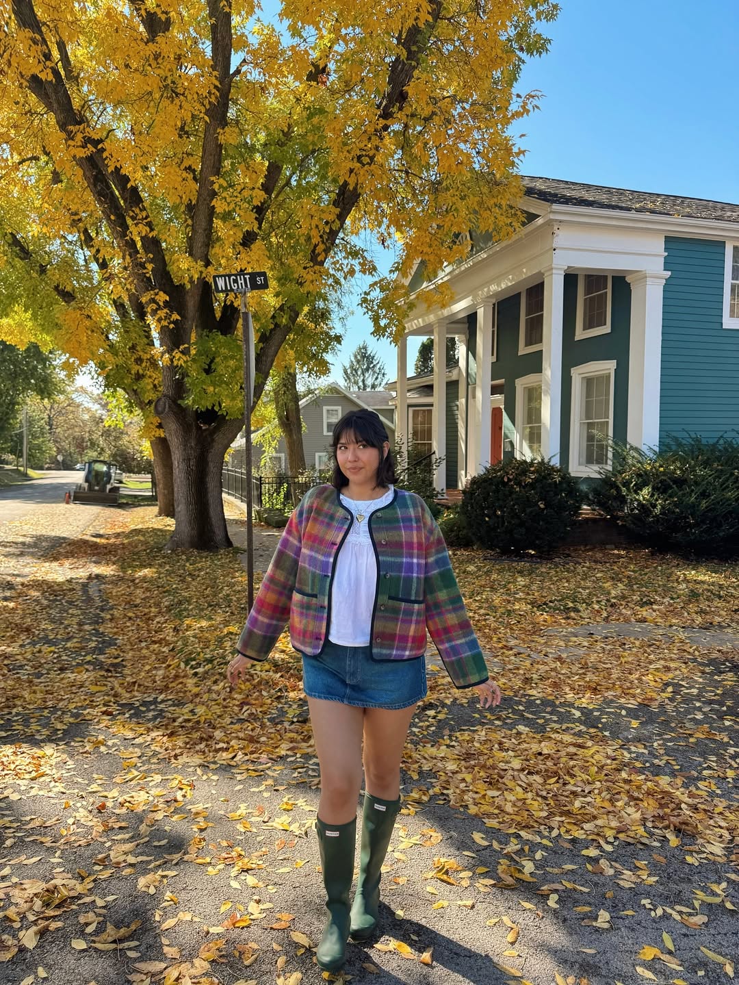Plaid Cropped Jacket With Denim Skirt & Boots