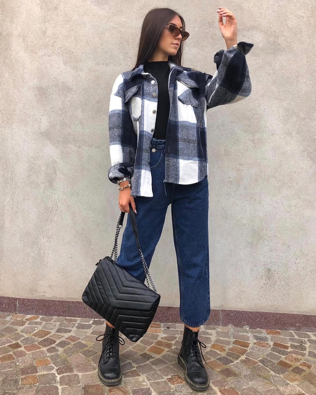 Plaid Shacket With Dark Wash Jeans And Combat Boots