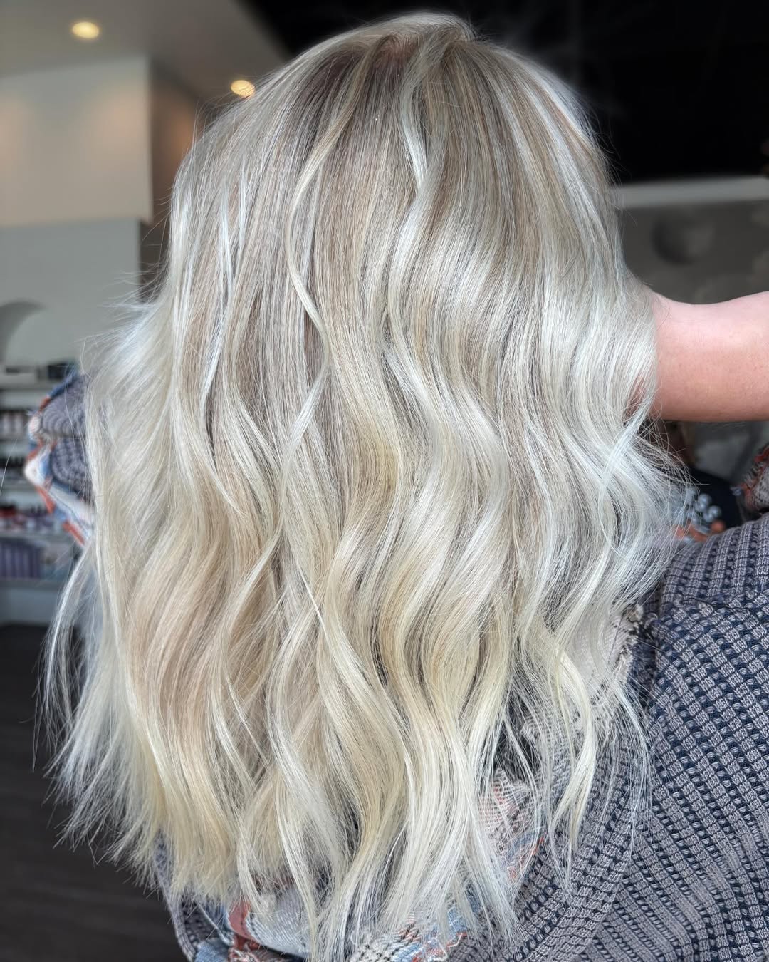 Platinum Blonde Balayage With Wavy Layers
