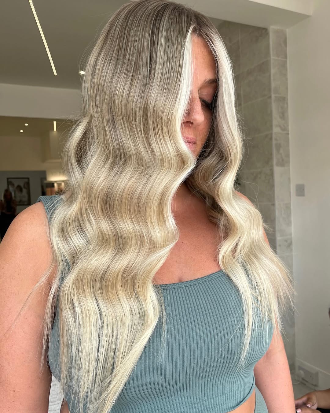 Platinum Blonde Money Piece With Wavy Balayage