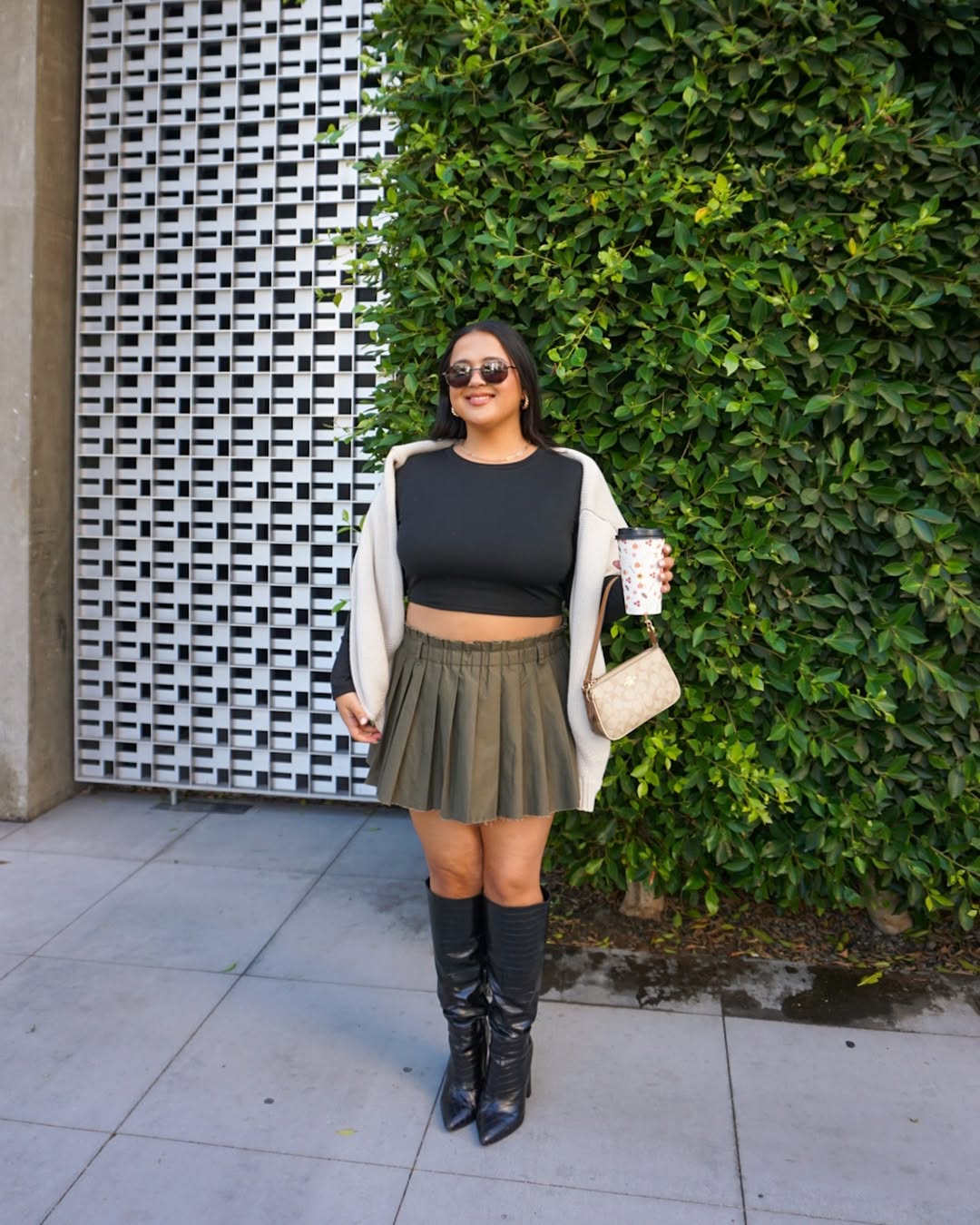 Pleated Mini Skirt With Knee-High Boots & Cropped Cardigan