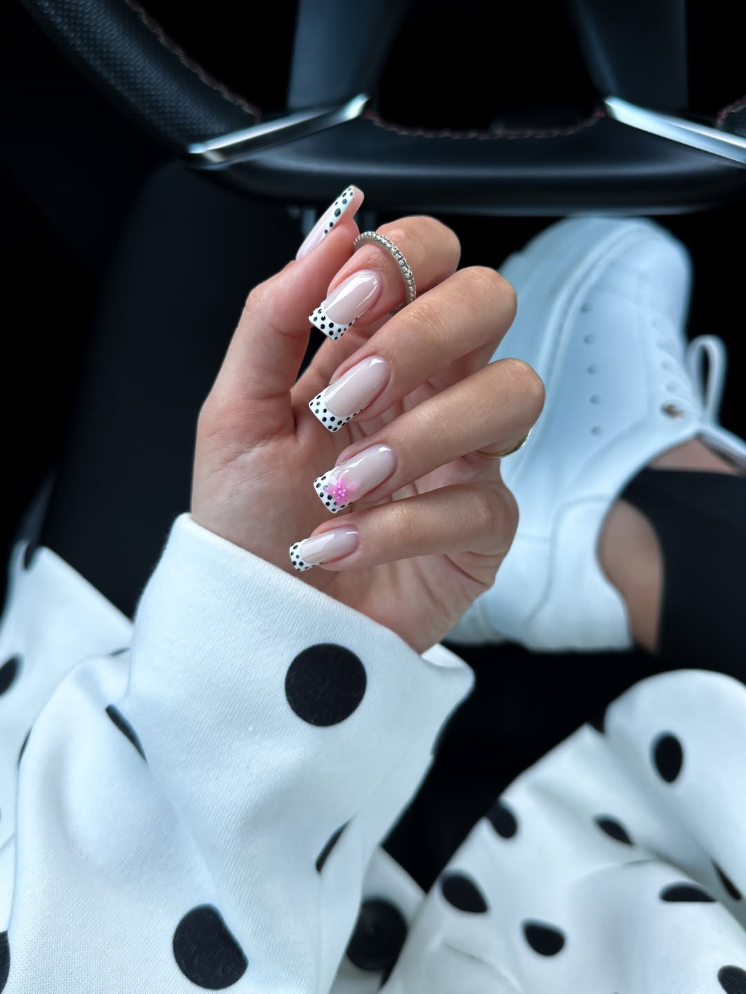 Polka Dot French Tip Square Nails with Flower Accent