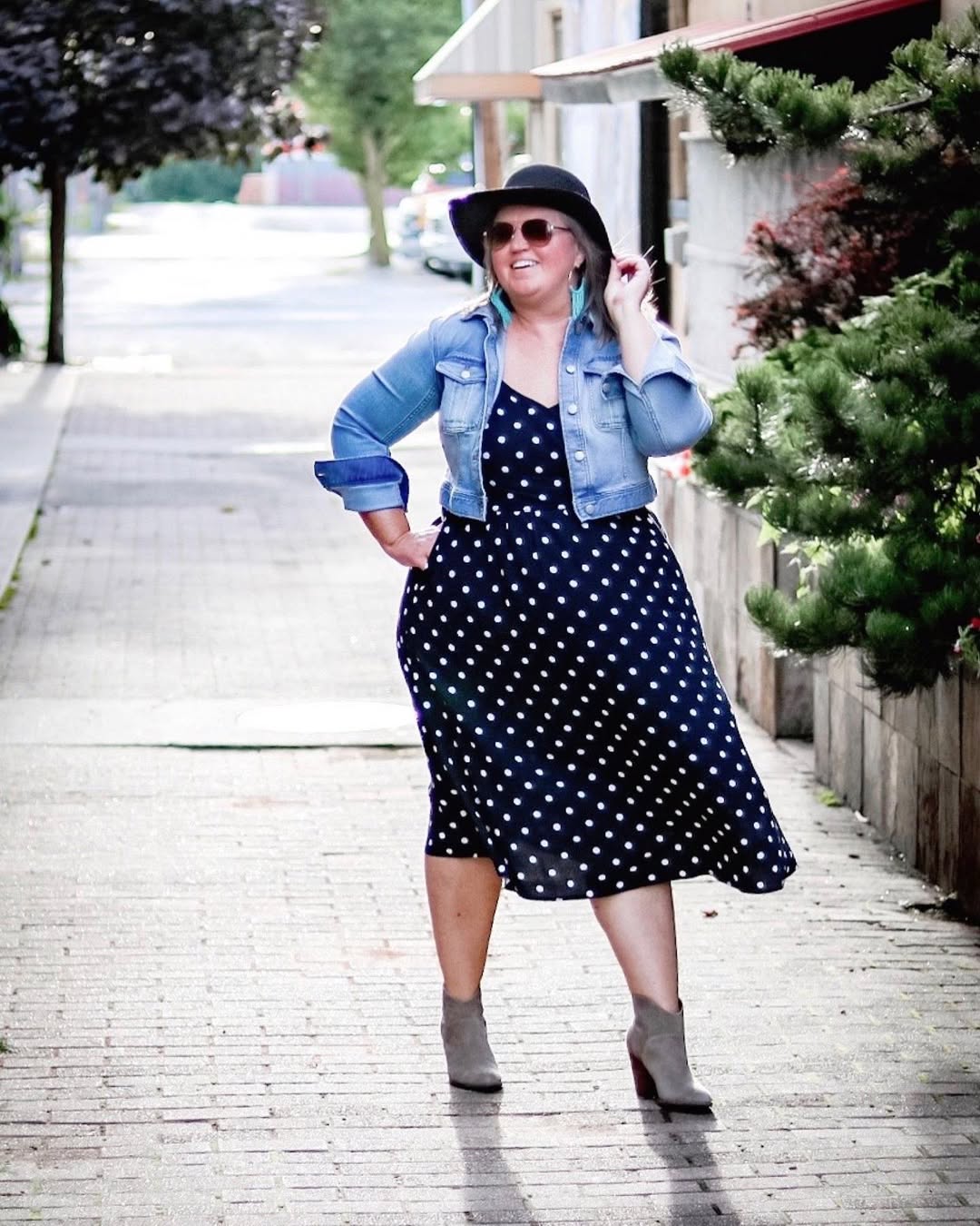 Polka Dot Midi Dress and Denim Jacket