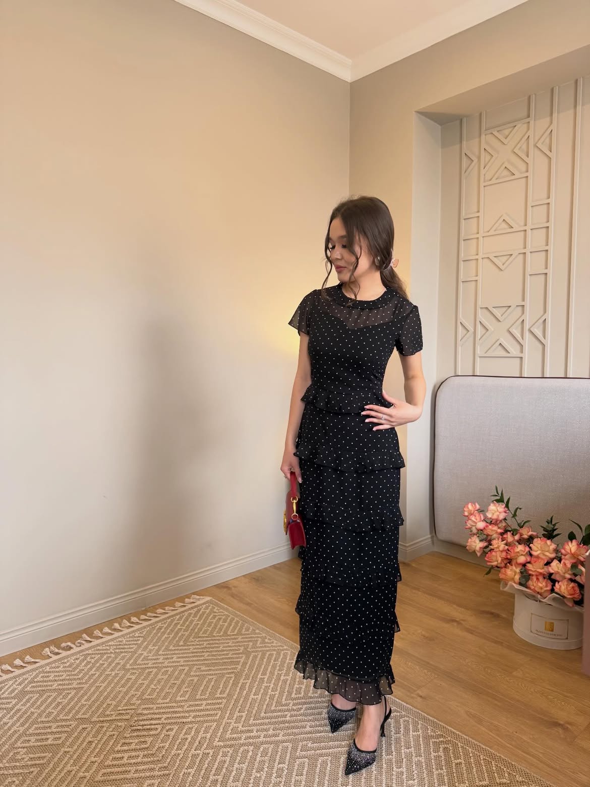 Polka Dot Ruffle Maxi Dress With Sparkly Heels