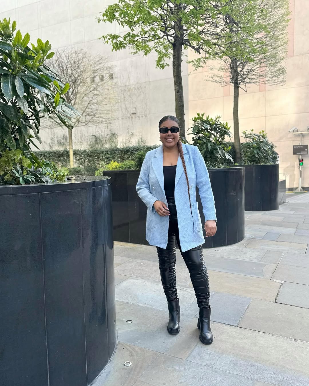 Powder Blue Blazer With Black Leather Pants