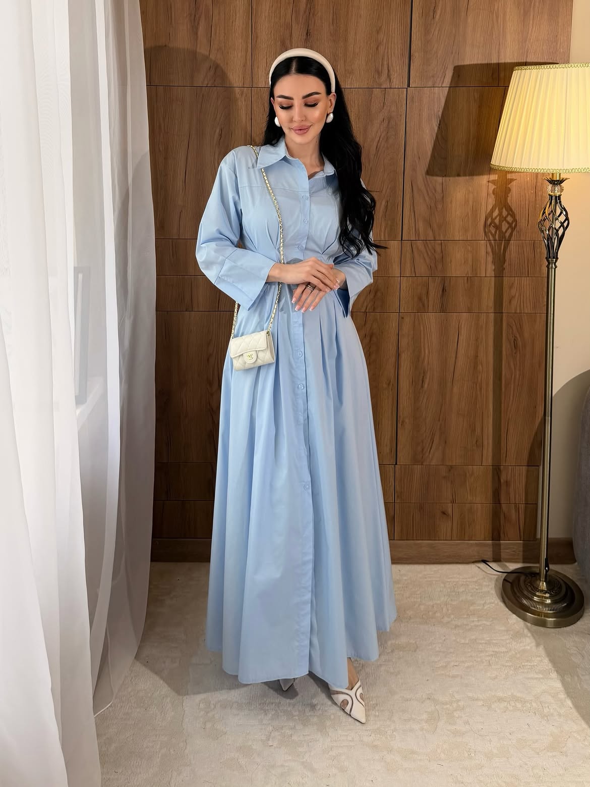 Powder Blue Shirt Dress With Quilted White Bag
