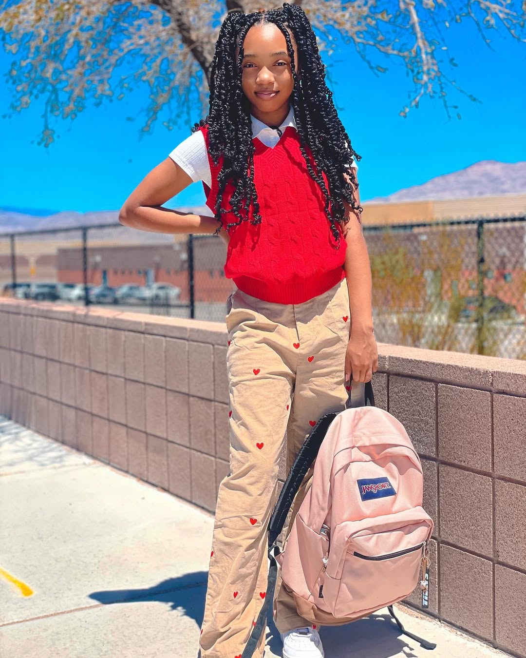 Preppy Red Vest And Heart Print Tan Pants Outfit