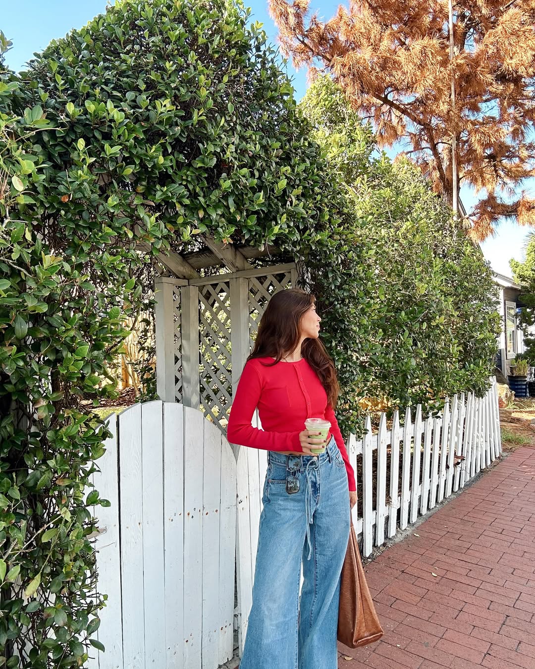 Red Button-Up Knit Top With Wide Leg Jeans