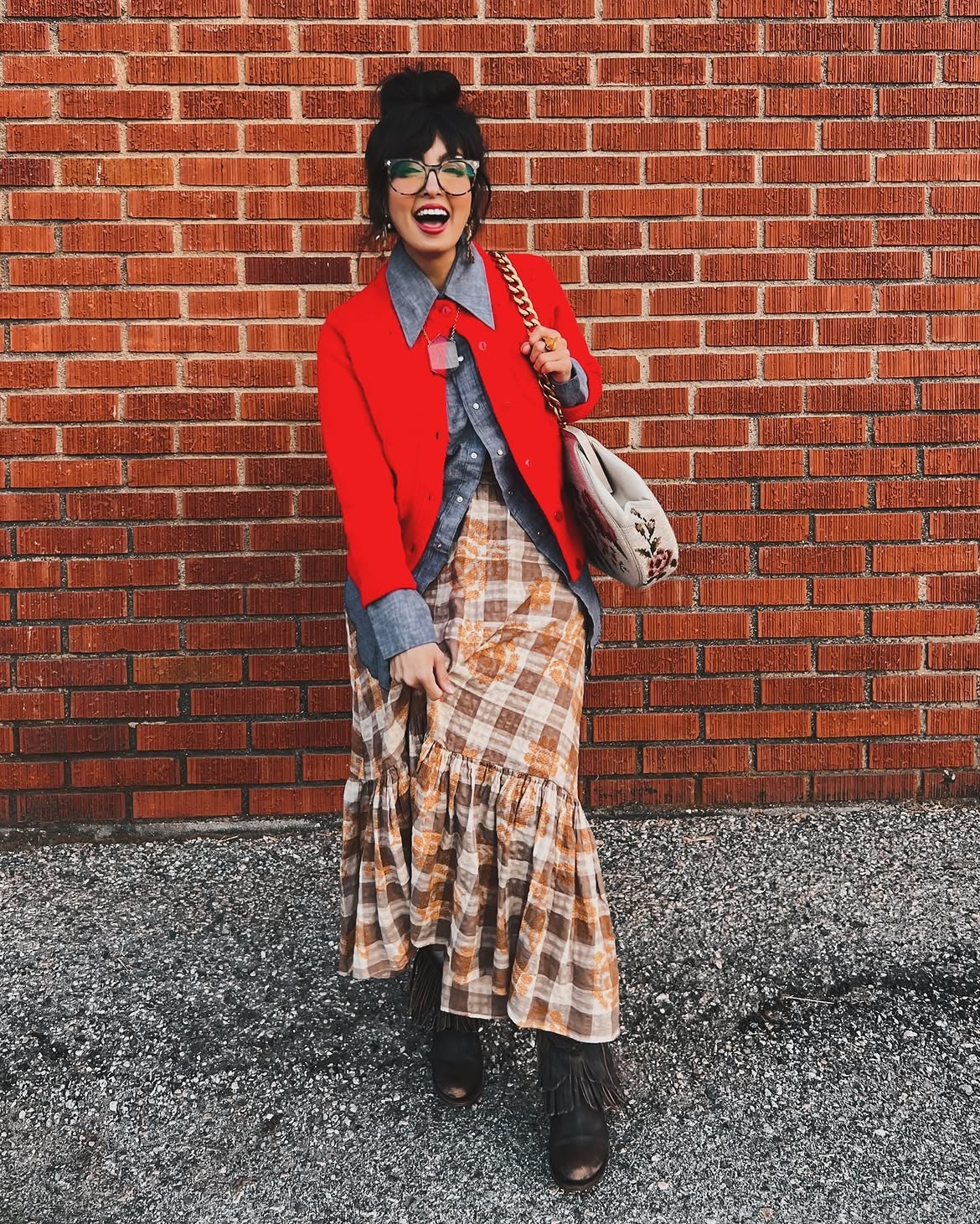Red Cardigan With Plaid Maxi Dress and Fringe Boots