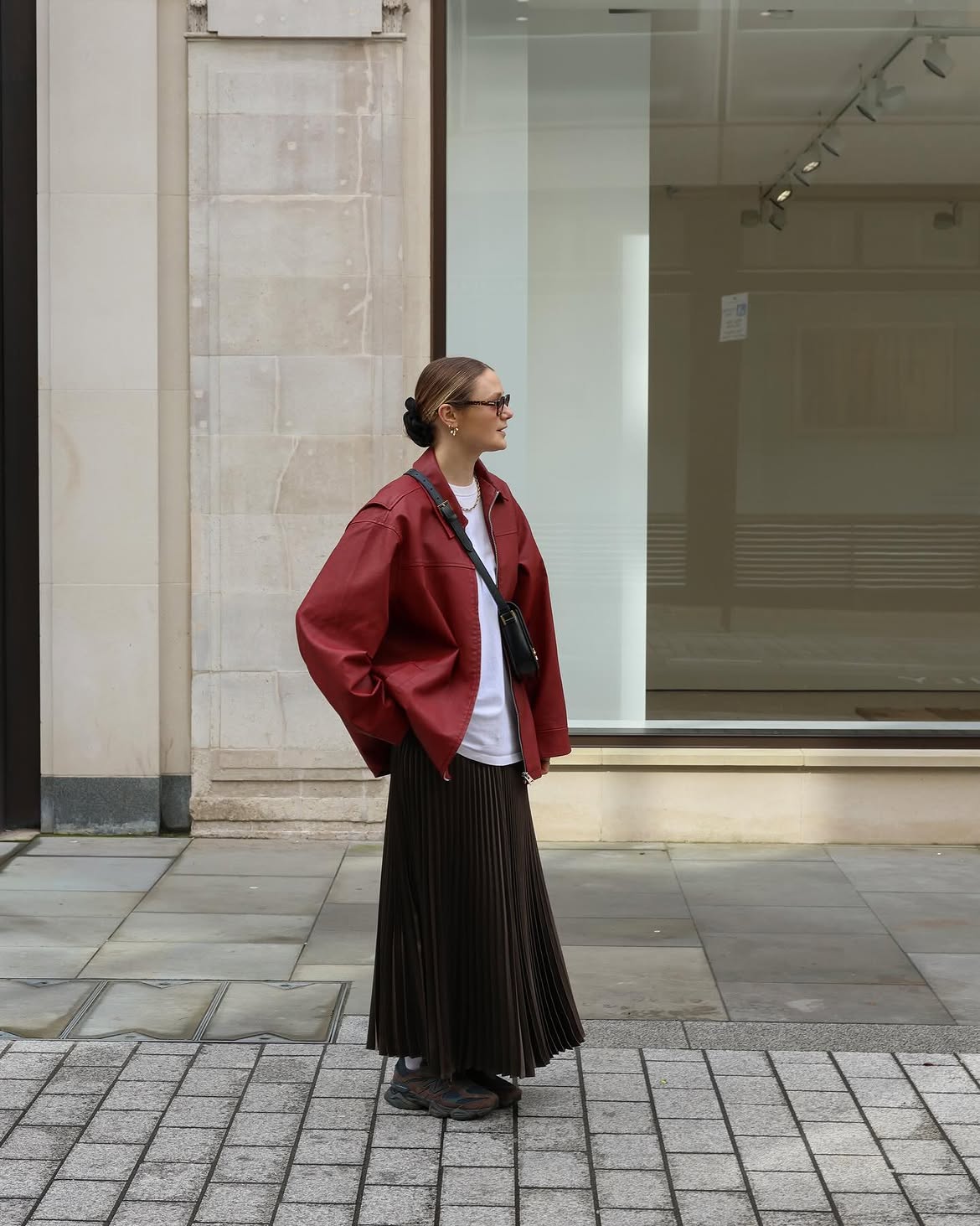 Red Leather Jacket With Pleated Midi Skirt Style