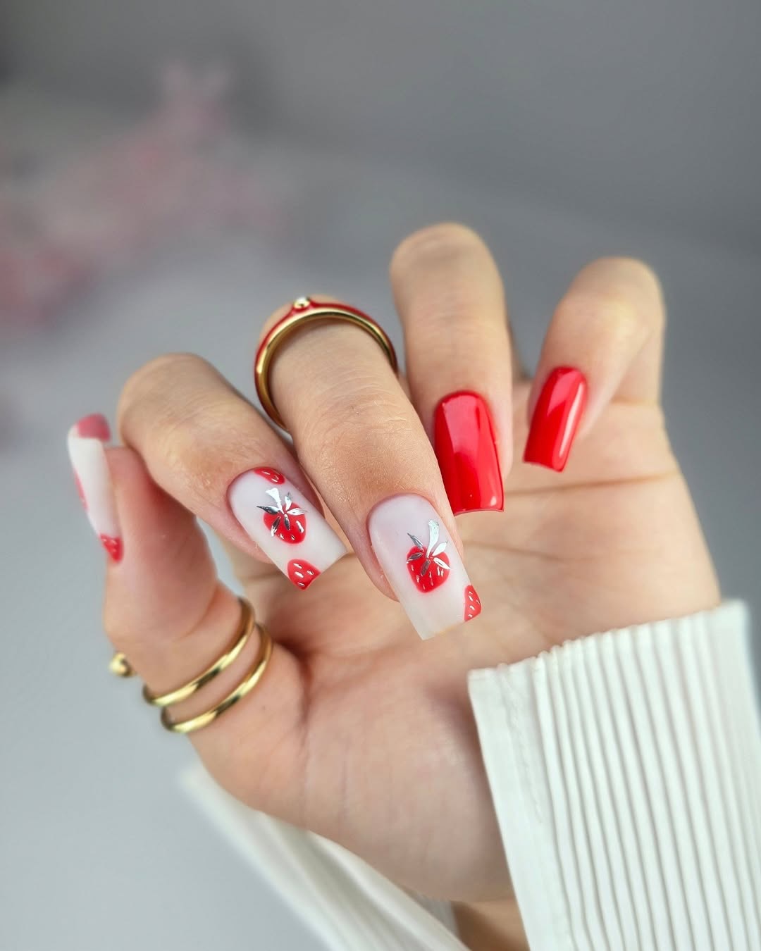 Red Strawberry Jelly Nail Art with Silver Detail