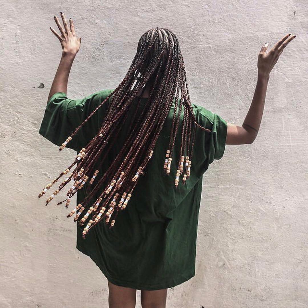 Reddish Brown Box Braids With Delicate Beads