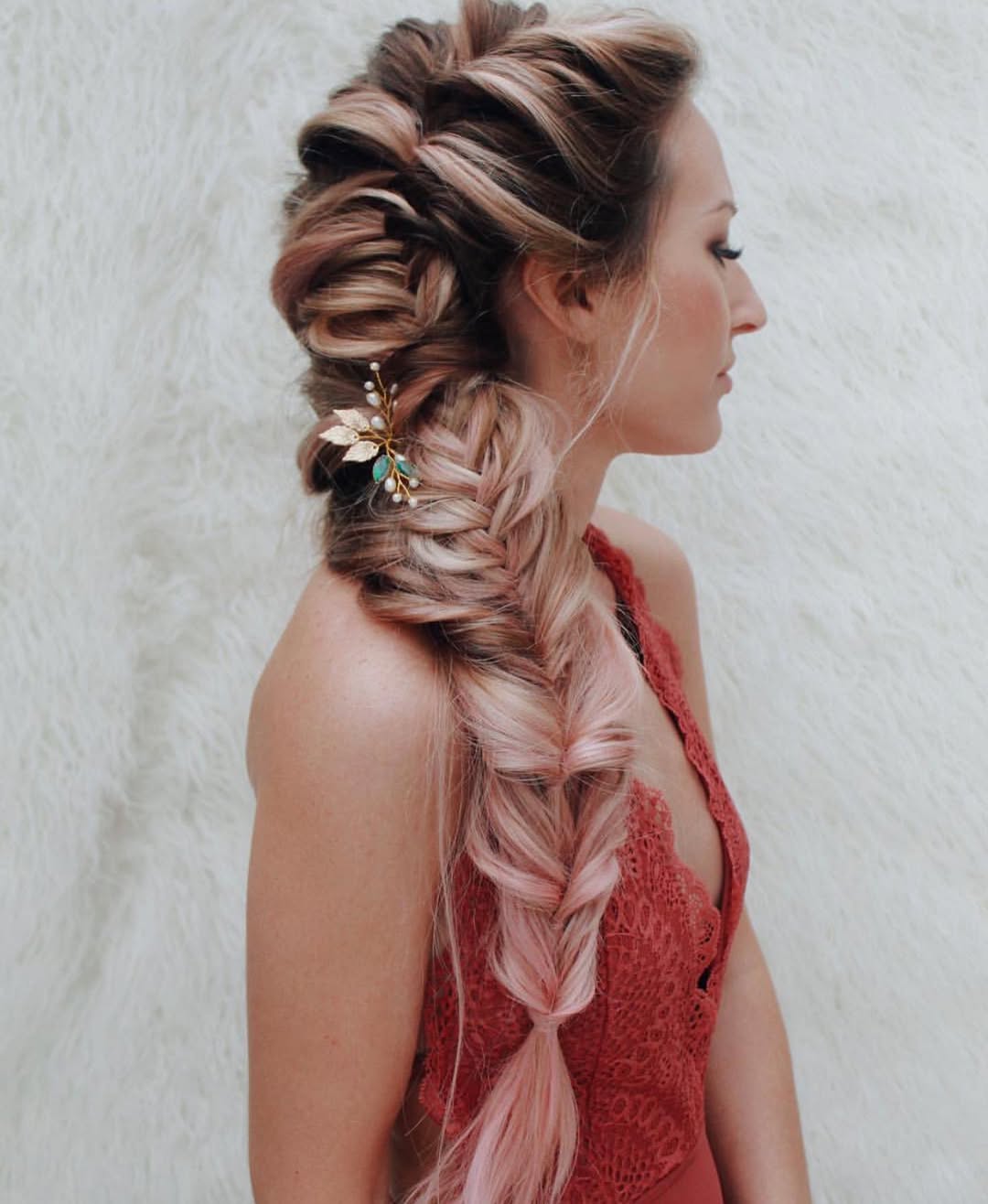 Relaxed Boho Fishtail Braid With Rose Gold Tones