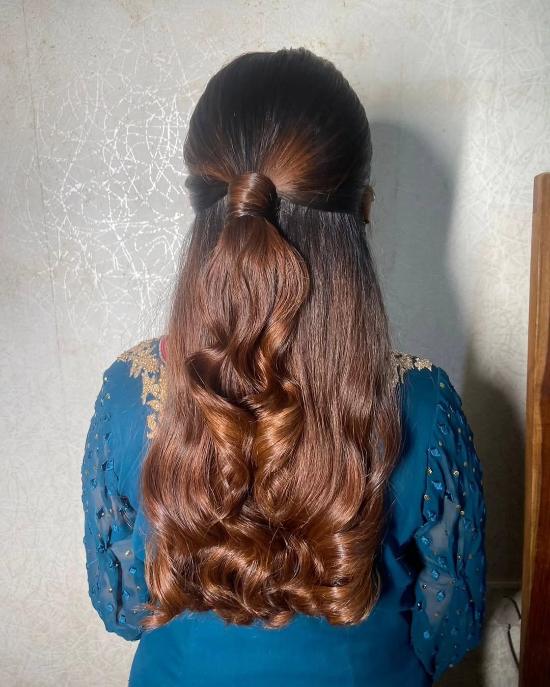 Rich Auburn Half-Up Waves With Dark Roots