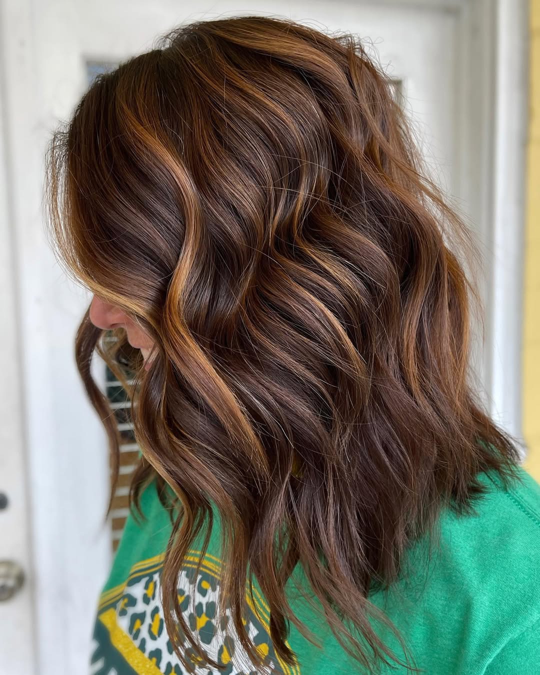 Rich Brunette Ribbons Warm Caramel Balayage Medium Waves