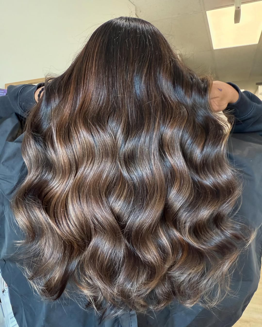 Rich Brunette Waves With Caramel Balayage Highlights