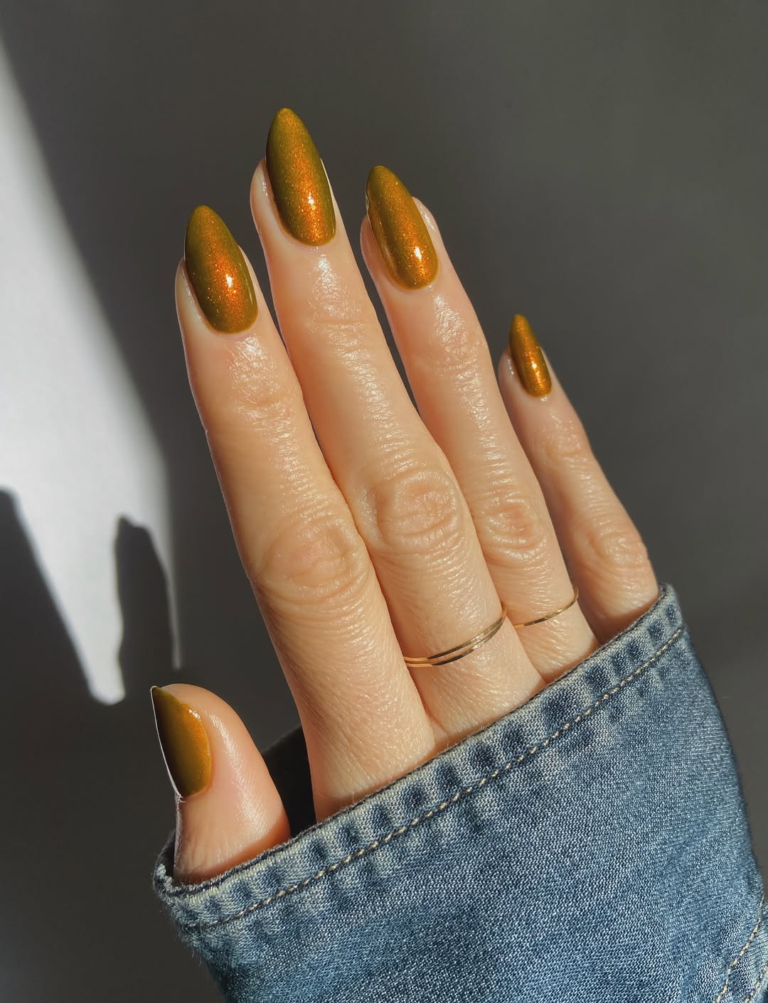 Rich Olive Shimmer Almond Nails