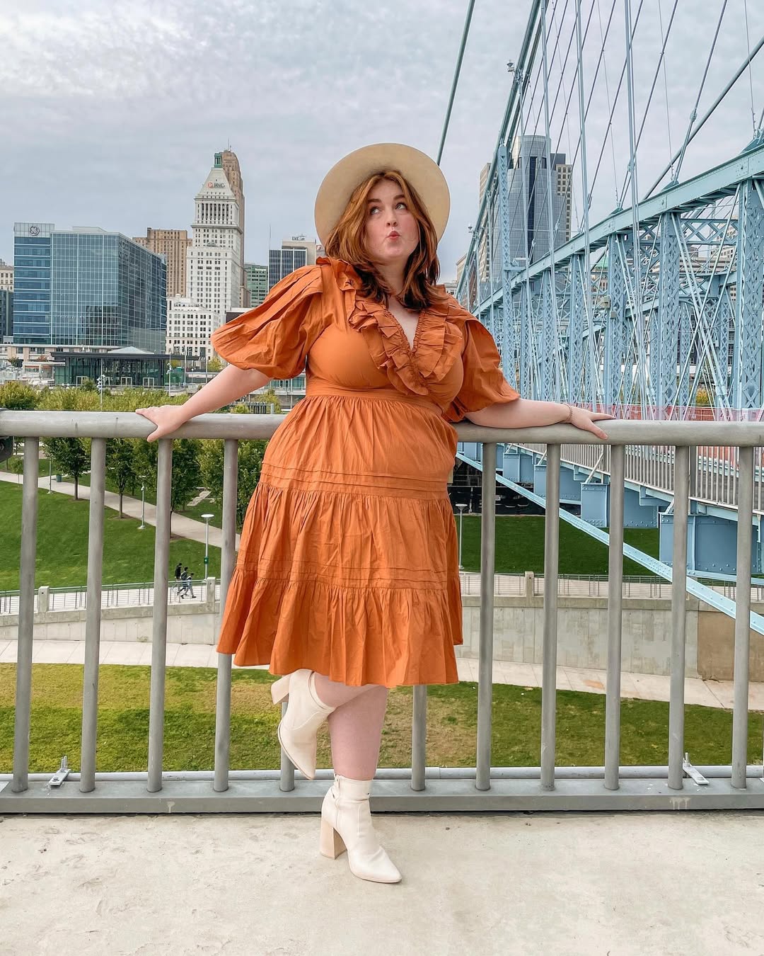 Rust Tiered Midi Dress With Cream Ankle Boots