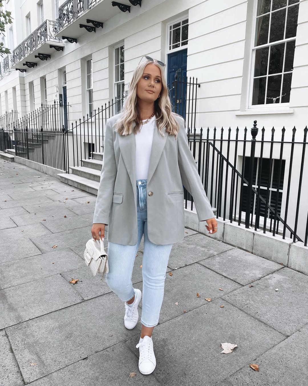Sage Blazer With Light Wash Jeans And Sneakers