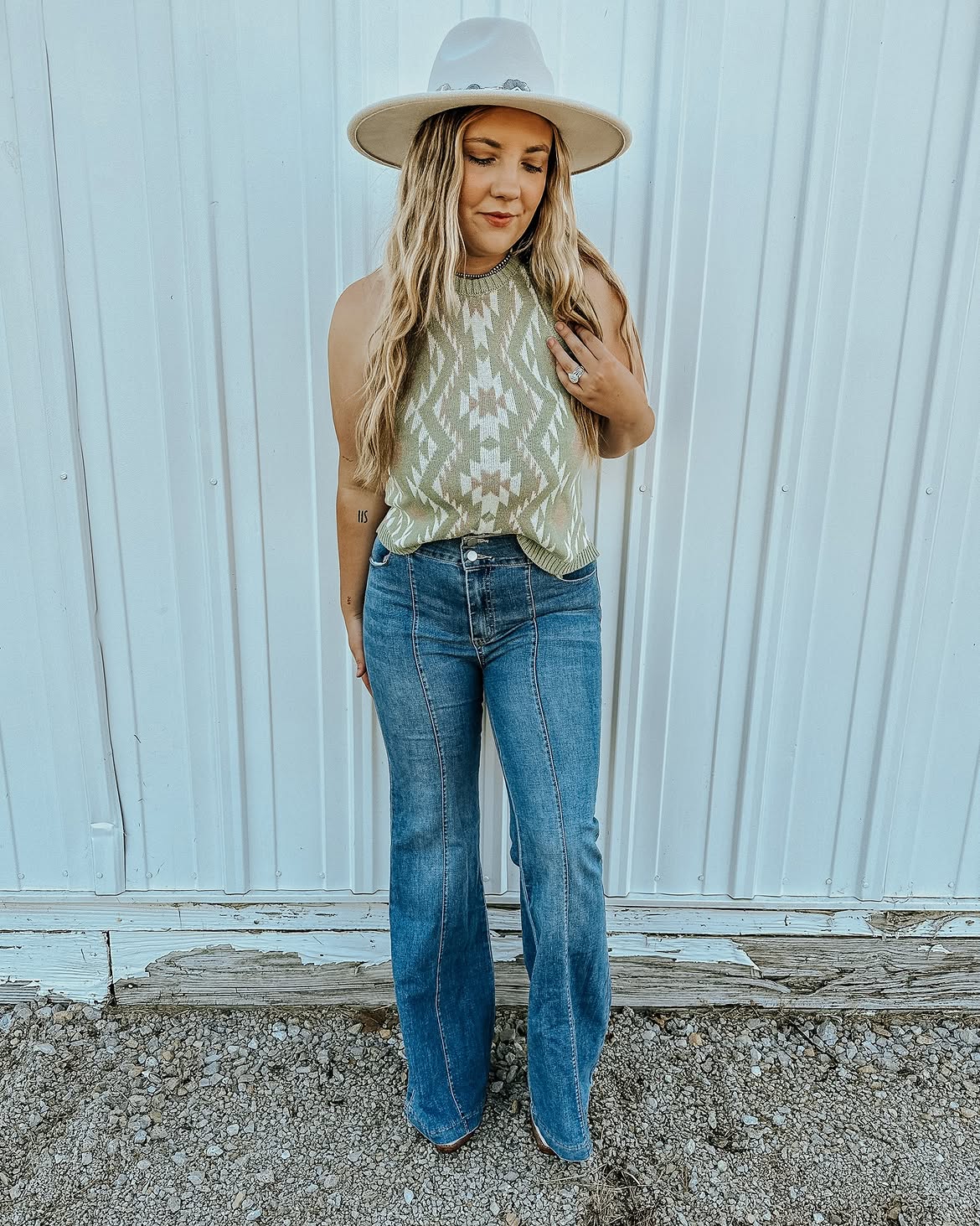 Sage Southwestern Knit Tank With Flare Jeans
