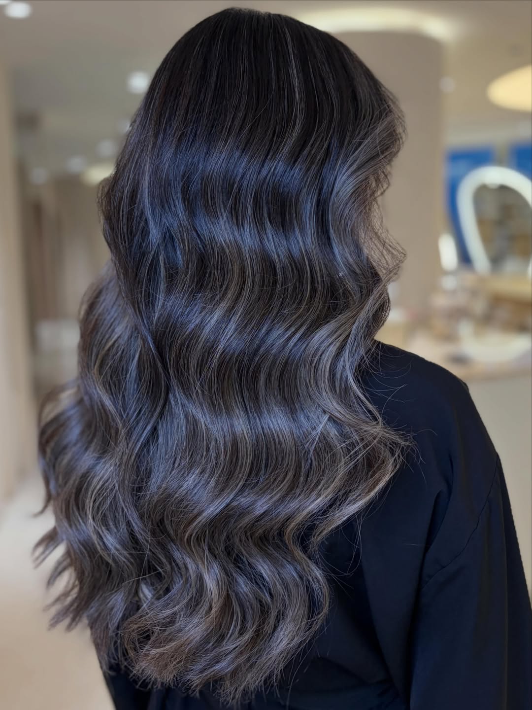 Shadow Root Silver Balayage On Wavy Dark Hair